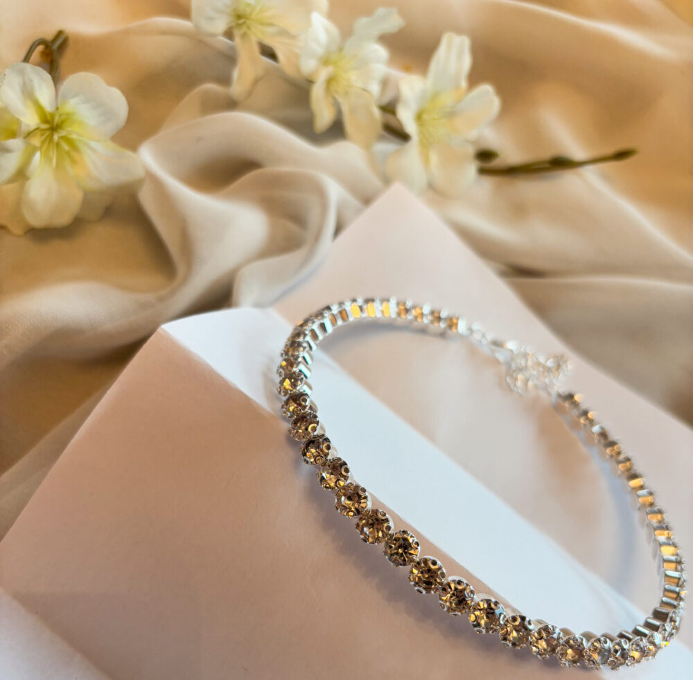 Choker rivière cristaux ronds -  blanc & argent